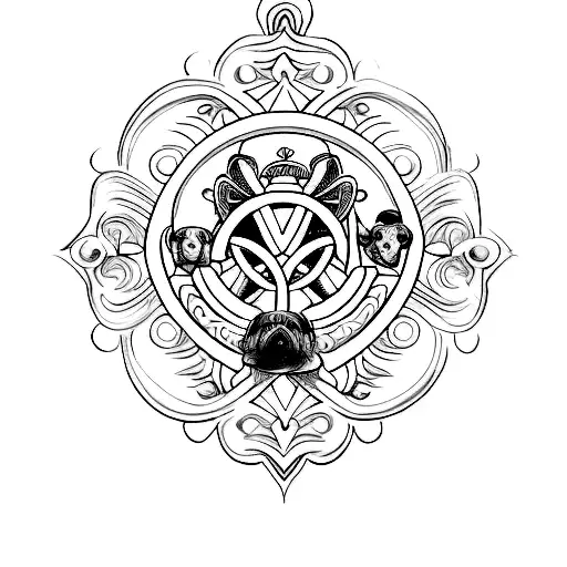 Design a feminine tattoo with fine lines and soft colors, depicting the medal of Saint Benedict and the image of Saint Francis of Assisi, surrounded by adorable dogs. tattoo design idea