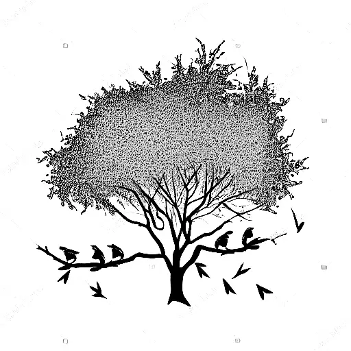a good looking oak tree with two sparrows flying together above. Have leaves and not many roots showing.not crazy detail tattoo design idea