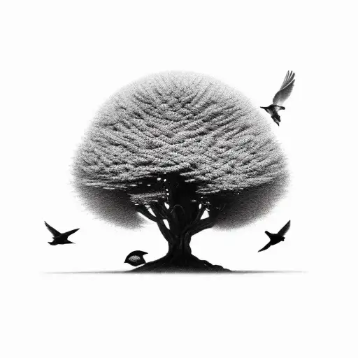 make it black and white, with two small sparrows flying above the tree  tattoo design idea