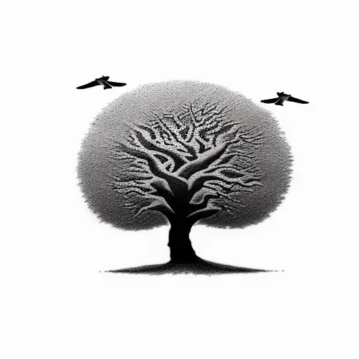 make it more of tattoo stencil, not as much shading and  black and white, with two small sparrows flying above the tree  tattoo design idea