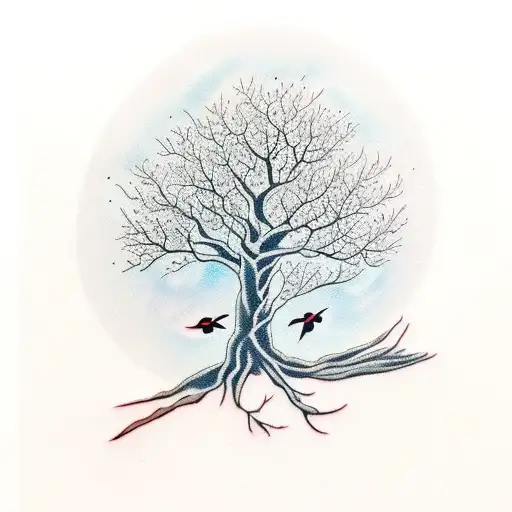 make it more of a traditonal looking oak tree and make the birds smaller. only 2 birds tattoo design idea