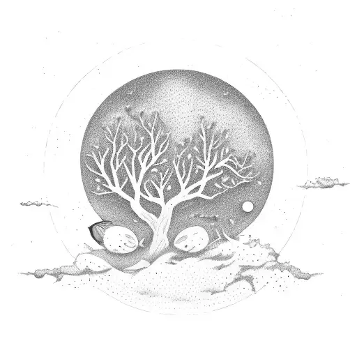 make a very realstic oak tree with two small sparrows flying aboce and a small full moon. no circle around the picture  tattoo design idea