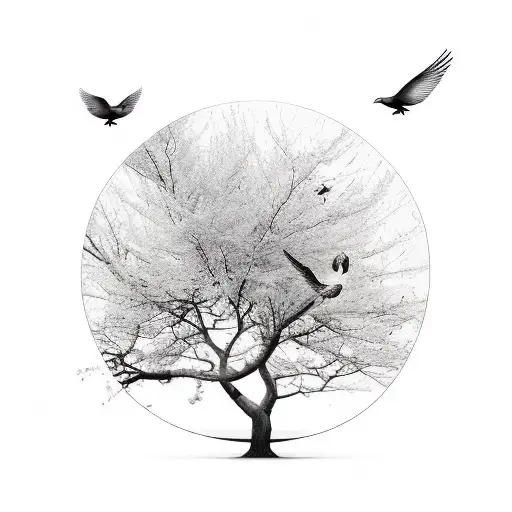 only have two birds flying above and have there be more leaves less branches tattoo design idea