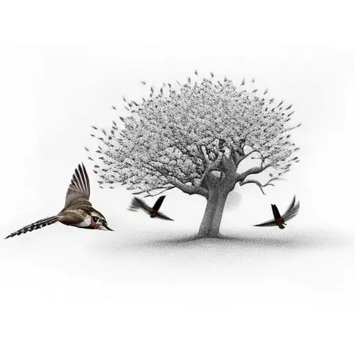have two small sparrows flying over the tree and don't show any grass. have the brids together flying from left to right tattoo design idea