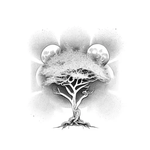 make a very realstic ooak tree with two small sparrows flying aboce and a small full moon  tattoo design idea