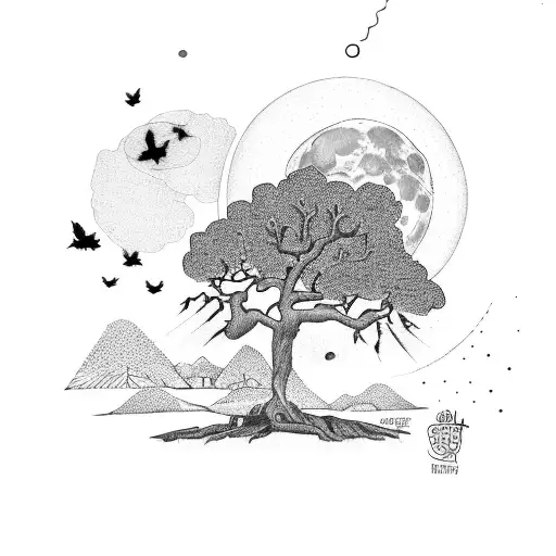 a healthy oak tree with leaves and two small sorrows flying above and a small full moon in the background tattoo design idea
