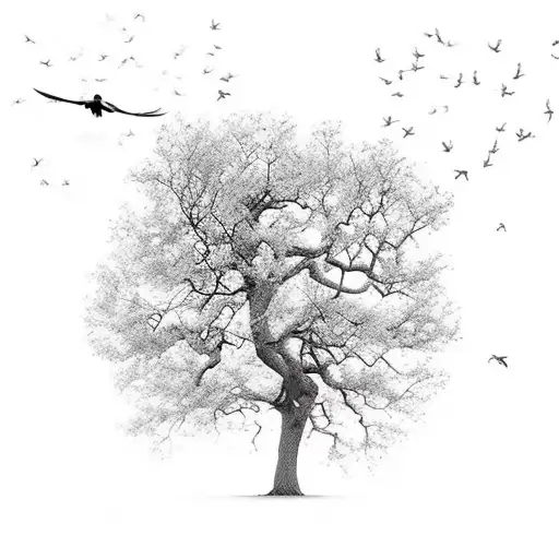 a good looking oak tree with two sparrows flying together above. Have leaves and not many roots showing.not crazy detail tattoo design idea