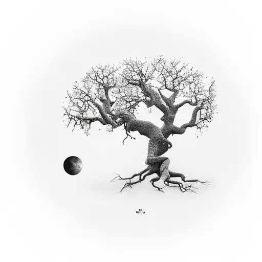 make it more of ahealthy oak tree with leaves and two small sorrows flying above and a small full moon in the background tattoo design idea