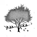 a good looking oak tree with two sparrows flying together above. Have leaves and not many roots showing.not crazy detail tattoo design idea