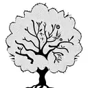 a good looking oak tree with two sparrows flying together above. Have leaves and not many roots showing.not crazy detail tattoo design idea