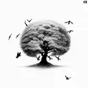 make it black and white, with two small sparrows flying above the tree  tattoo design idea