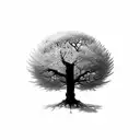 make it black and white, with two small sparrows flying above the tree  tattoo design idea