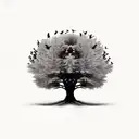 make it black and white, with two small sparrows flying above the tree  tattoo design idea