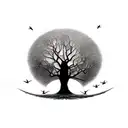 make it more of tattoo stencil, not as much shading and  black and white, with two small sparrows flying above the tree  tattoo design idea