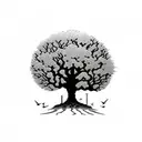 make it more of tattoo stencil, not as much shading and  black and white, with two small sparrows flying above the tree  tattoo design idea