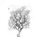 an oak tree with two small sparrows flying above  tattoo design idea