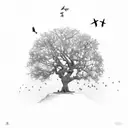 an oak tree with two small sparrows flying above  tattoo design idea