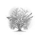 an oak tree with two small sparrows flying above  tattoo design idea