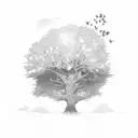 an oak tree with two small sparrows flying above  tattoo design idea