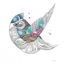 abstract yet Minamalistic, one sparrow bird and and inspired by Greek mythology highlights. Small lines tattoo design idea