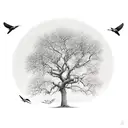 oak tree with two sparrows flying above it tattoo design idea