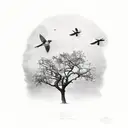 oak tree with two sparrows flying above it tattoo design idea