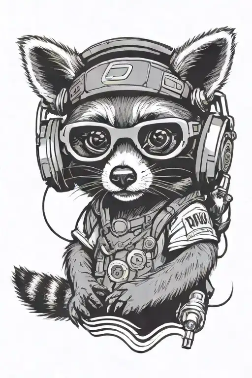 A tattoo design of a raccoon wearing a headset and playing a virtual reality music game, with a mix of musical and gaming symbols surrounding it tattoo design idea