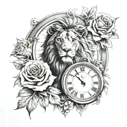 Roman clock, lion and roses tattoo design idea