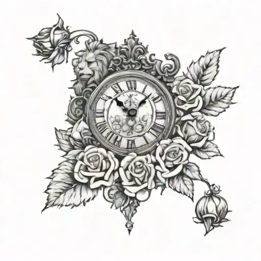 Roman clock, lion and roses tattoo design idea