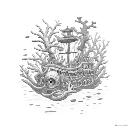 coral reefs, sunken pirate ship, octopus, under water tattoo design idea