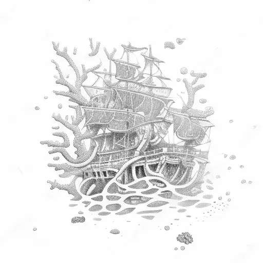 coral reefs, sunken pirate ship, under water tattoo design idea