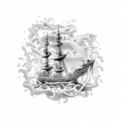coral reefs, sunken pirate ship, octopus  tattoo design idea