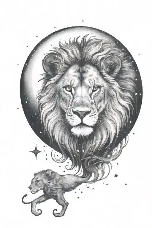 black and white tattoo design featuring a lion looking up at the Leo constellation with a moon in an ombré sky tattoo design idea