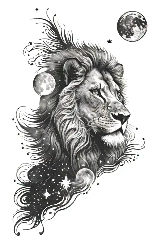 black and white tattoo design featuring a lion looking up at the Leo constellation with a moon in an ombré sky tattoo design idea