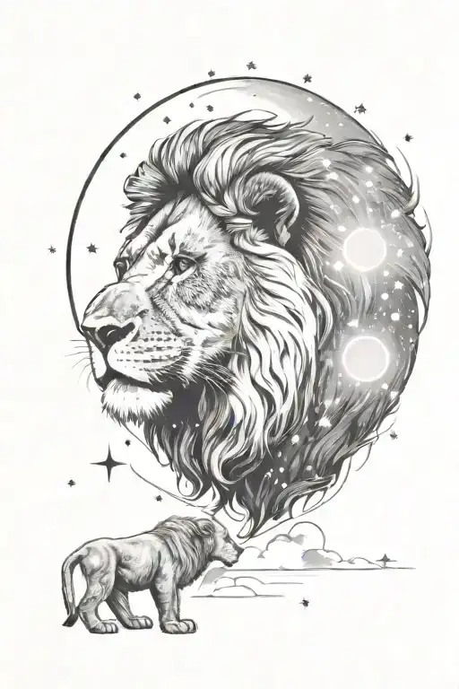 black and white tattoo design featuring a lion looking up at the Leo constellation with a moon in an ombré sky tattoo design idea