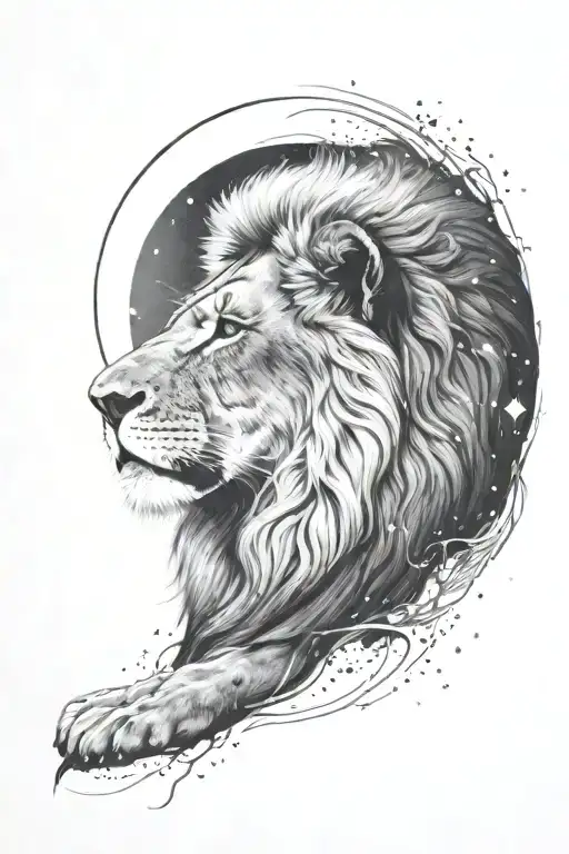 black and white tattoo design featuring a lion looking up at the Leo constellation with a moon in an ombré sky tattoo design idea