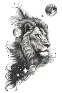 black and white tattoo design featuring a lion looking up at the Leo constellation with a moon in an ombré sky tattoo design idea