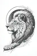 black and white tattoo design featuring a lion looking up at the Leo constellation with a moon in an ombré sky tattoo design idea