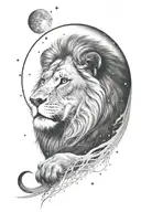 black and white tattoo design featuring a lion looking up at the Leo constellation with a moon in an ombré sky tattoo design idea