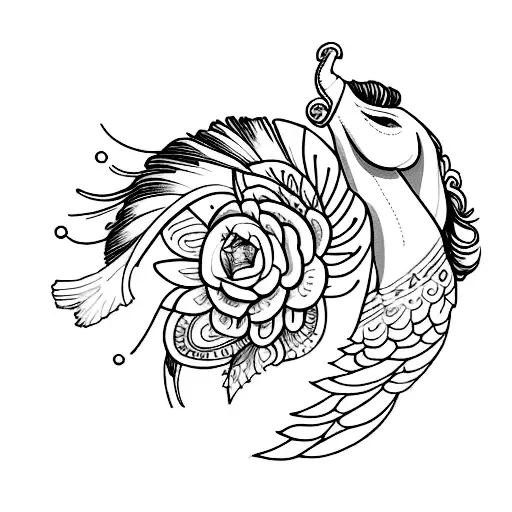 a light arm sleeve with a horse and a feather and a white bird with a bohemian elegant feminine vibe, maybe some flowers tattoo design idea