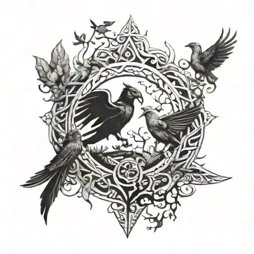 tattoo design with vikings and slavic witches, symbols, ravens and tree tattoo design idea