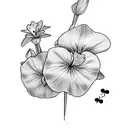 camera and playing cards with some violets, morning glory's and water lillies tattoo design idea