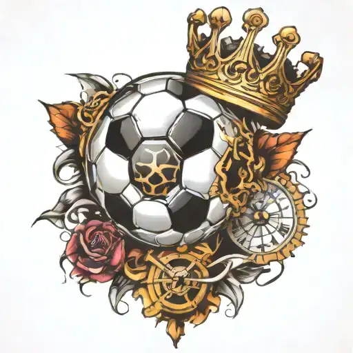 Soccer ball with crown and time compass  tattoo design idea