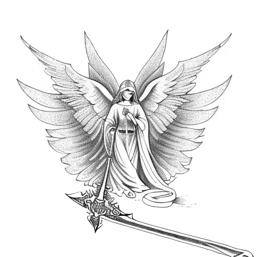 Geometric "Angel With Sword" Tattoo Idea - BlackInk AI
