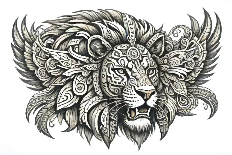 A lion in Aztec armor tattoo design idea