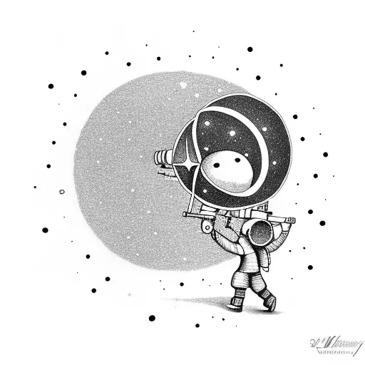 little person looking to the telescope and around are stars and planets tattoo design idea