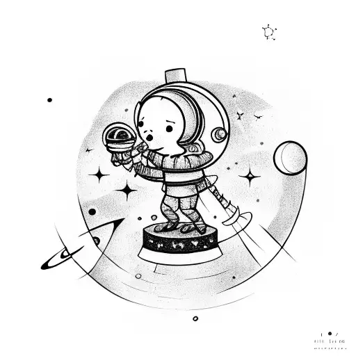 little cute person looking to the telescope and around are stars and planets tattoo design idea