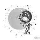 little person looking to the telescope and around are stars and planets tattoo design idea