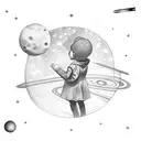 little person looking to the telescope and around are stars and planets tattoo design idea