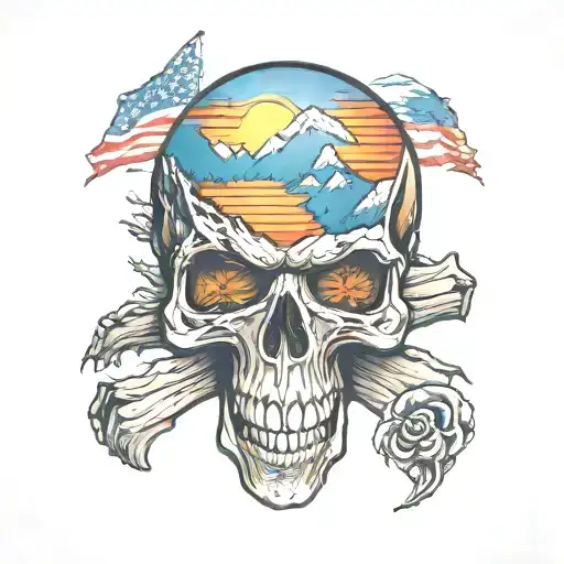 grateful dead skull with the flatirons  mountains inside and the colorado flag as the sunset  tattoo design idea